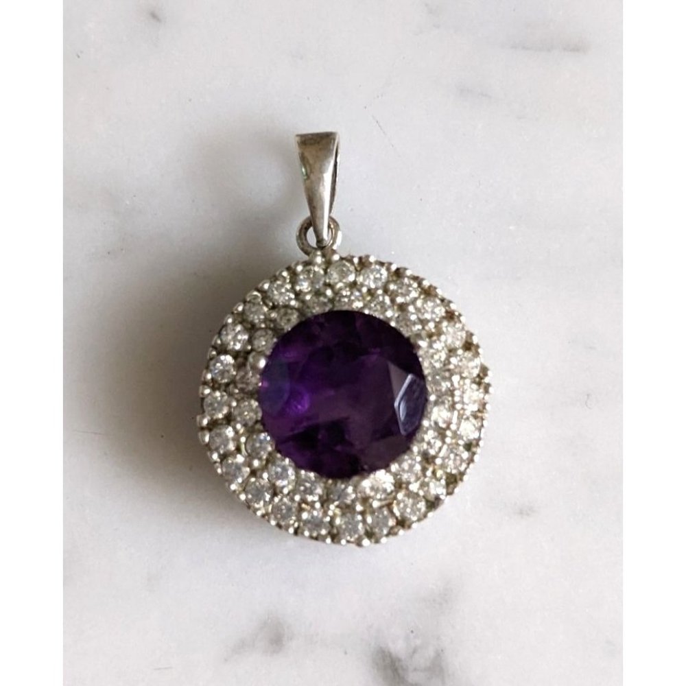 Vintage Round Silver Tone CZ and Purple Crystal Pendant EUC